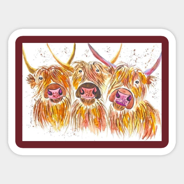 Three Highland Cows Sticker by Casimirasquirkyart